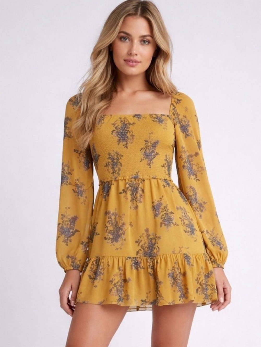 Aritzia Wilfred Tempest Mini Dress Smocked Chiffon in Goldie Size XS